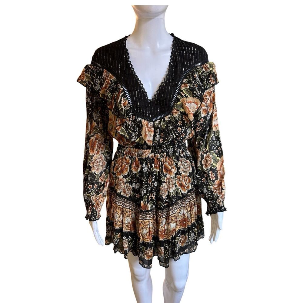 Spell & The Gypsy Size S Black Floral Organic Cotton Metallic Boho Mini Dress